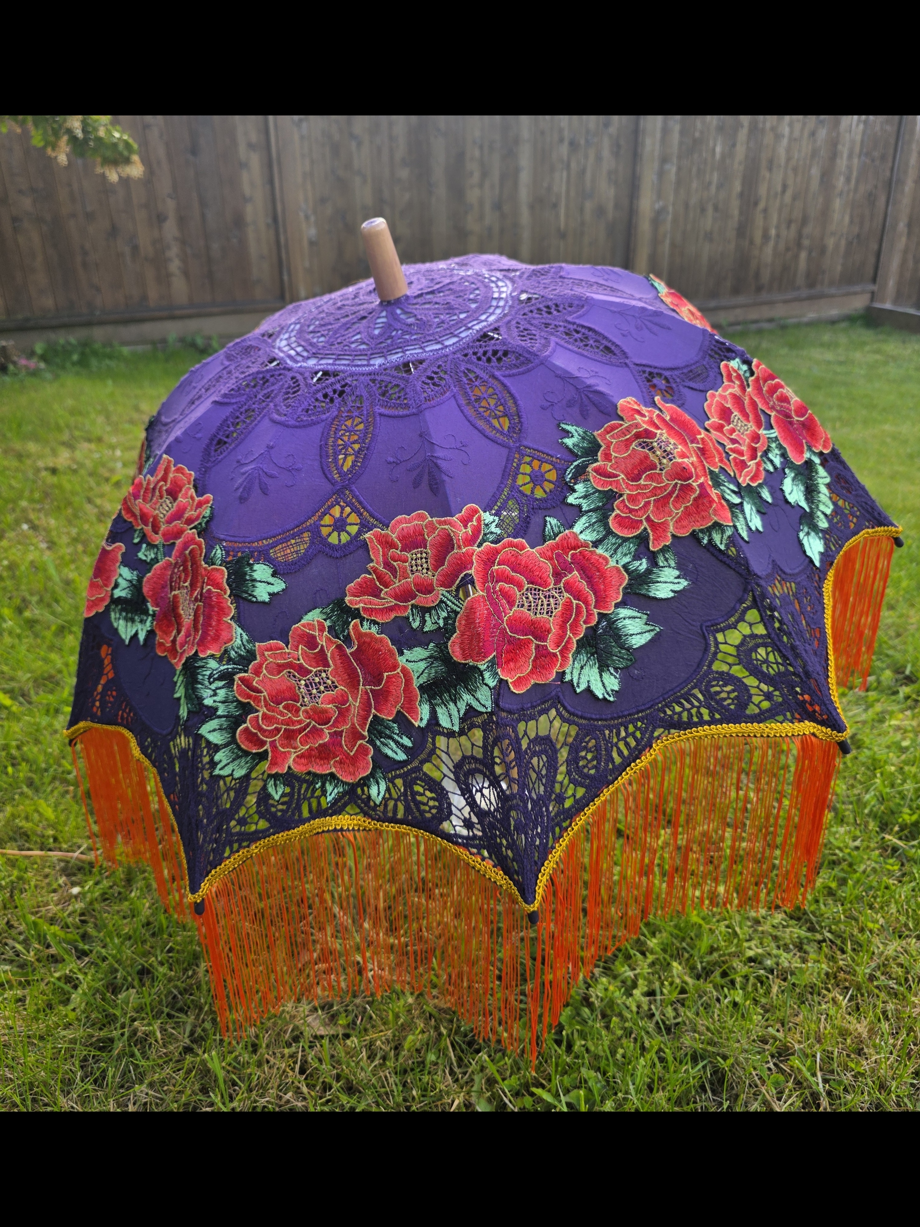 Purple Floral Lace Parasol With Red Rose Embroidery